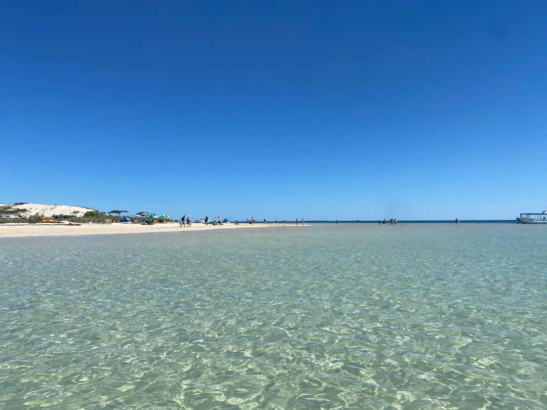 Looking towards shore at Coral Bay Beach, Western Australia. Clear turquoise water